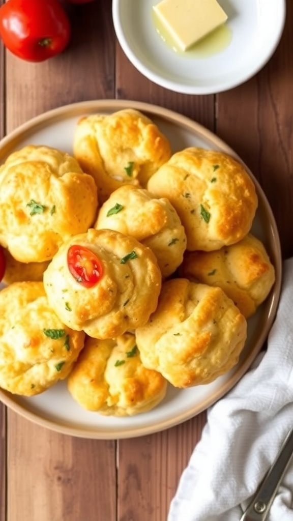 Golden brown zucchini tomato drop biscuits on a plate with butter and fresh herbs.